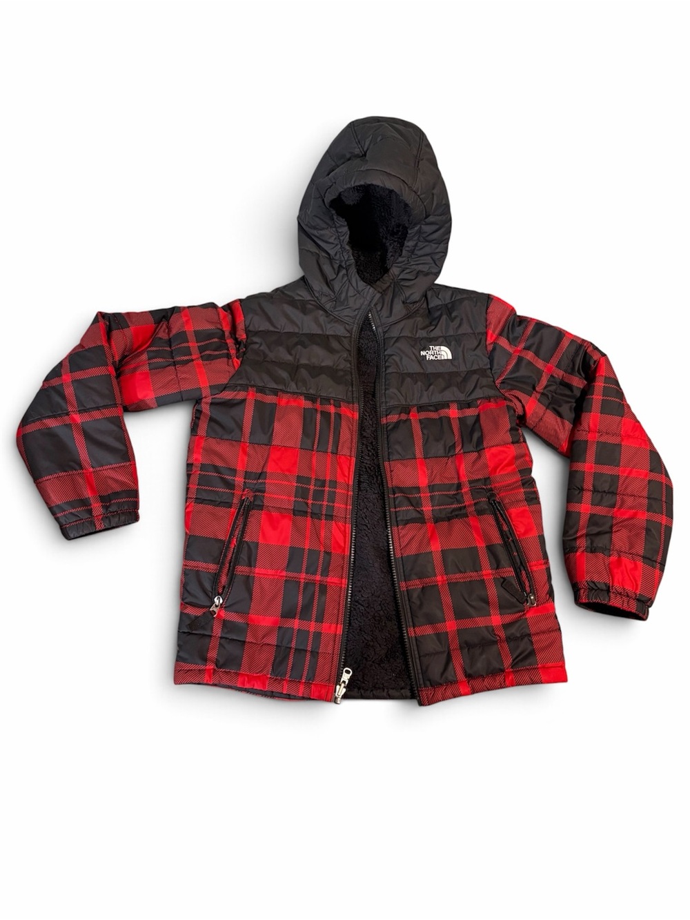The North Face Kids' Red and Black Plaid REVERS-ABLE Hooded Puffer Jacket
